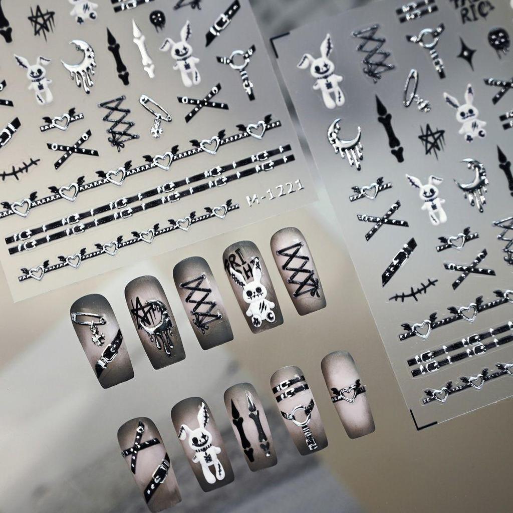 Dark Stitched Horror Rabbit Nail Stickers - DIY Liquid Metal Moon and Cross Design