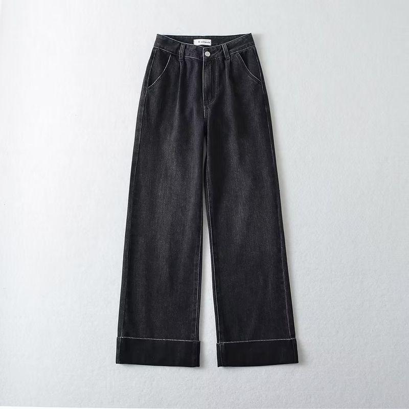 

Fashion Style 2023 Spring/Summer New Arrival Women s Clothing Stylish Loose All-Matching Wide Leg Curved-Edge High Waist Denim Trousers Black S