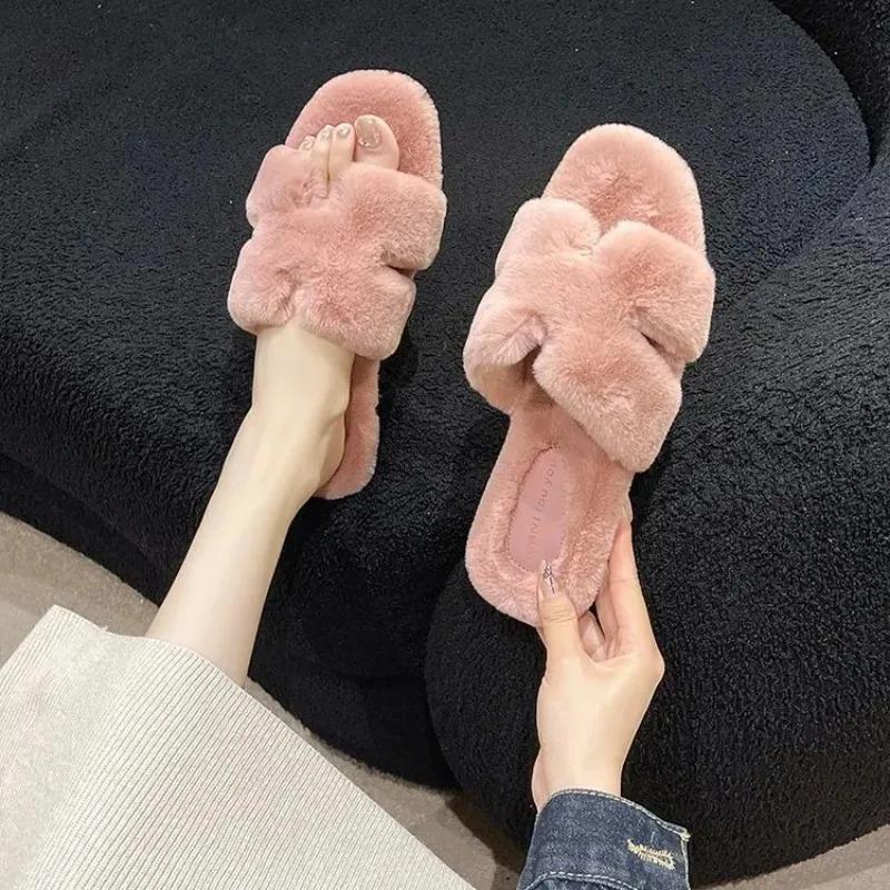 Women's Slippers 2026 Winter New Fur Fluffy Slipper Comfort House Slippers Soft Bottom Casual Flat Slippers Winter Women Slides