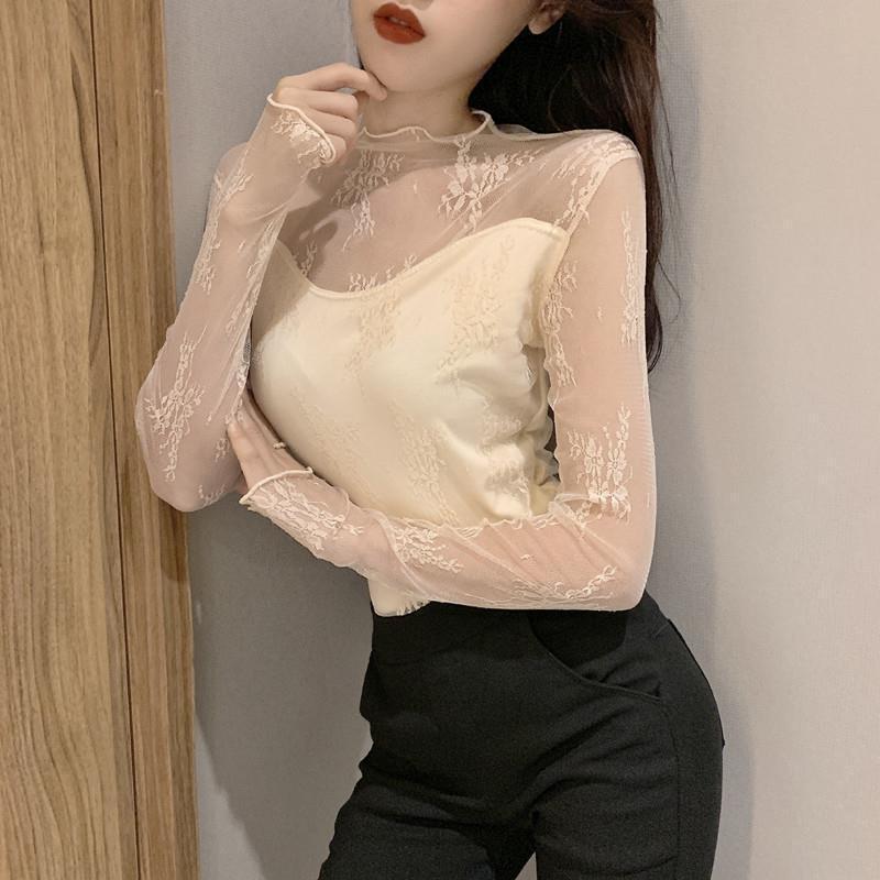 Autumn and Winter New Velvet Lace Shirt Women's Long-sleeved Turtleneck Slim-fitting and Thin Inner Bottoming Shirt Foreign-style Top