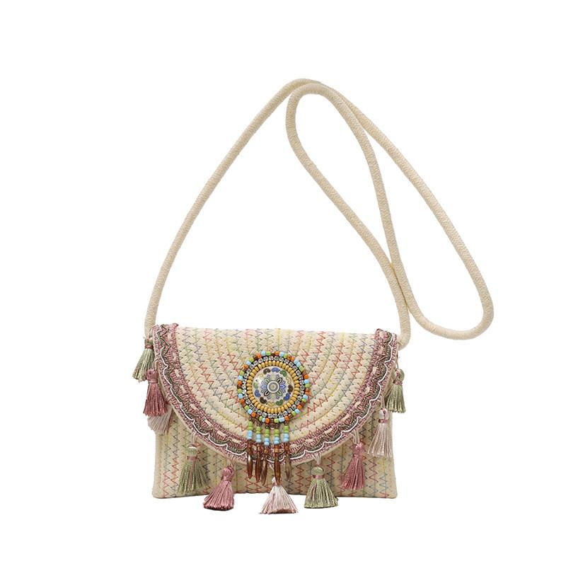 Boho Chic Shoulder Bag With Fringes And Stitching In Cotton Linen For Street Fashion