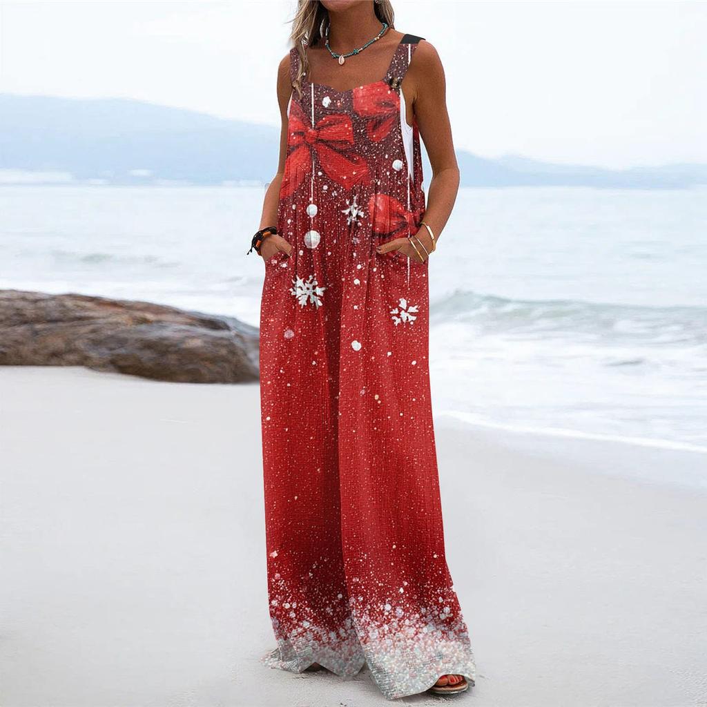 Damen Weihnachten Print Einfarbig Weites Bein Trägerlos Tanktasche Lässiger Einteiler