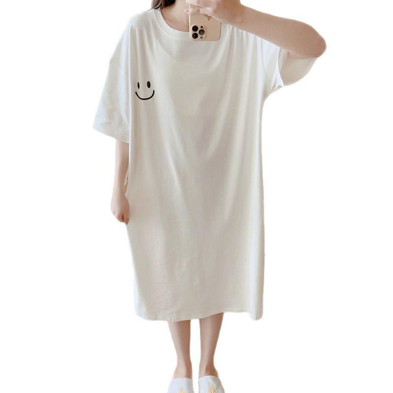 Women's Short-sleeved T-shirt Slit Dress Summer Mid-length Over The Knee Casual Dress Large Size Meat Mask Smiling Face Dress