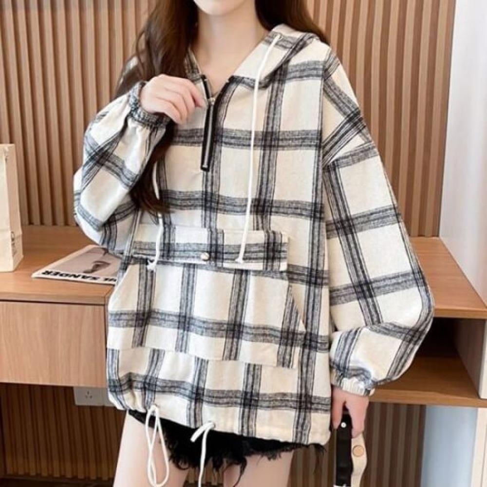Navava Hooded Long Sleeve T shirT wiTh Checked Hem And sTring pockeT nT2948