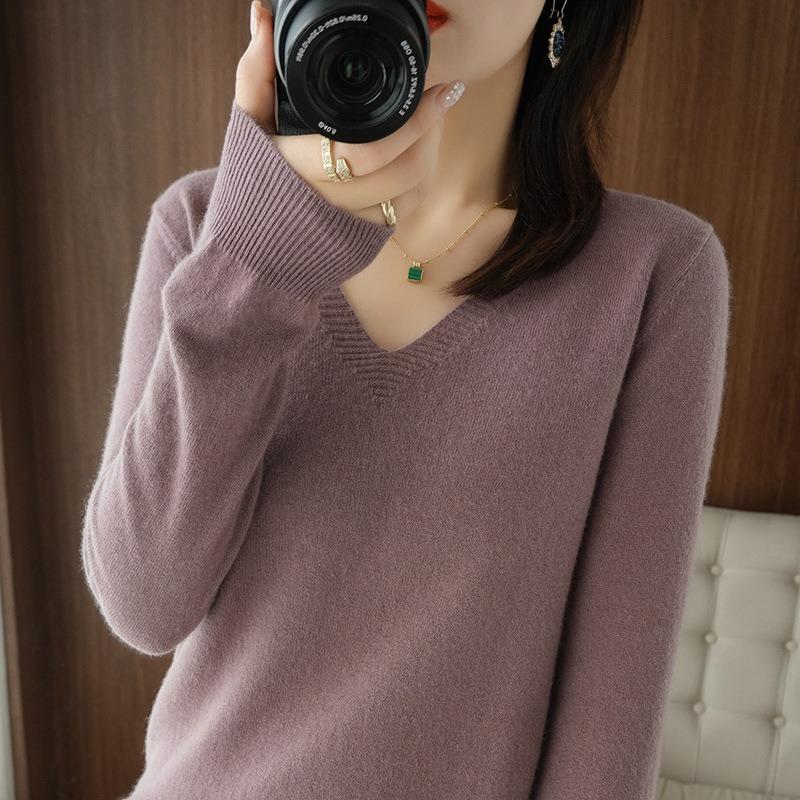 2025 Autumn Winter V-neck Knitted Pullover Women Sweater New Solid Color Fashion Elegant Casual Bottoming Shirt Thin Solid Color Simple Clothing