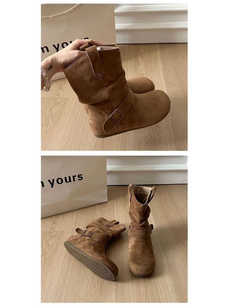 Damskie botki retro z okrągłym noskiem - Jesień/Zima Gruba podeszwa Styl kowbojski