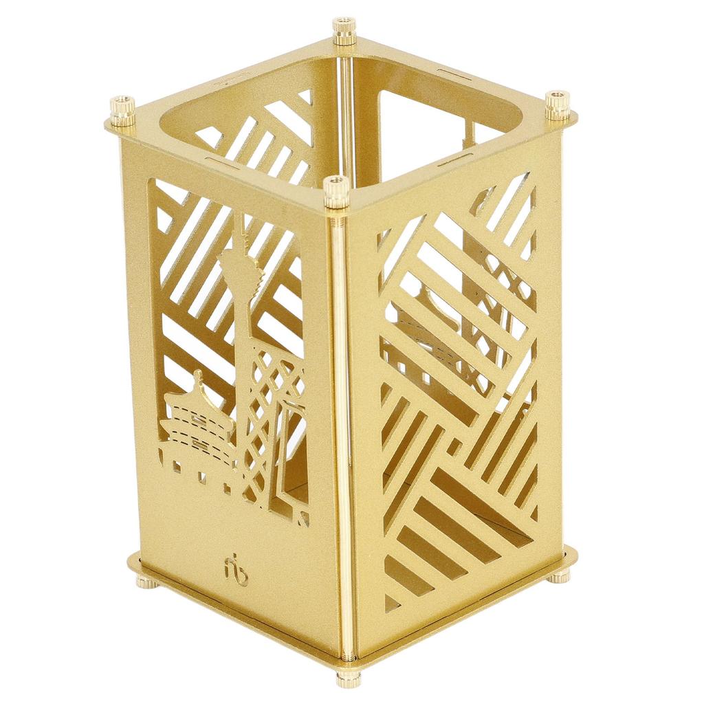 Metal Assembled Pen Holder Gold BeijingPattern Quadrate Surfaces Plating DIY Pen Holder for Home
