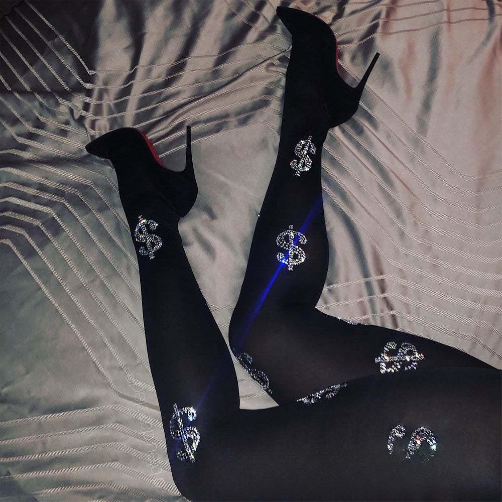 

Sexy Women s Letter Hot Diamond Water Diamond USD Pattern Medium Thick Shiny Pants Stockings large size