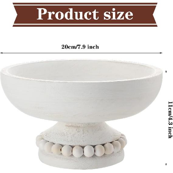 Amyhill Distressed Beaded Wood Pedestal Bowl Decorative Wooden Beaded Bowl Wood Pedestal Bowl Serving Bowl for Farmhouse Kitchen Decor(White)
