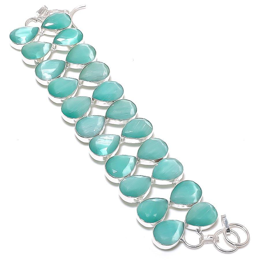 Natural Blue Chalcedony Gemstone Handmade 925 Sterling Silver Bracelet 7-8" i7F88