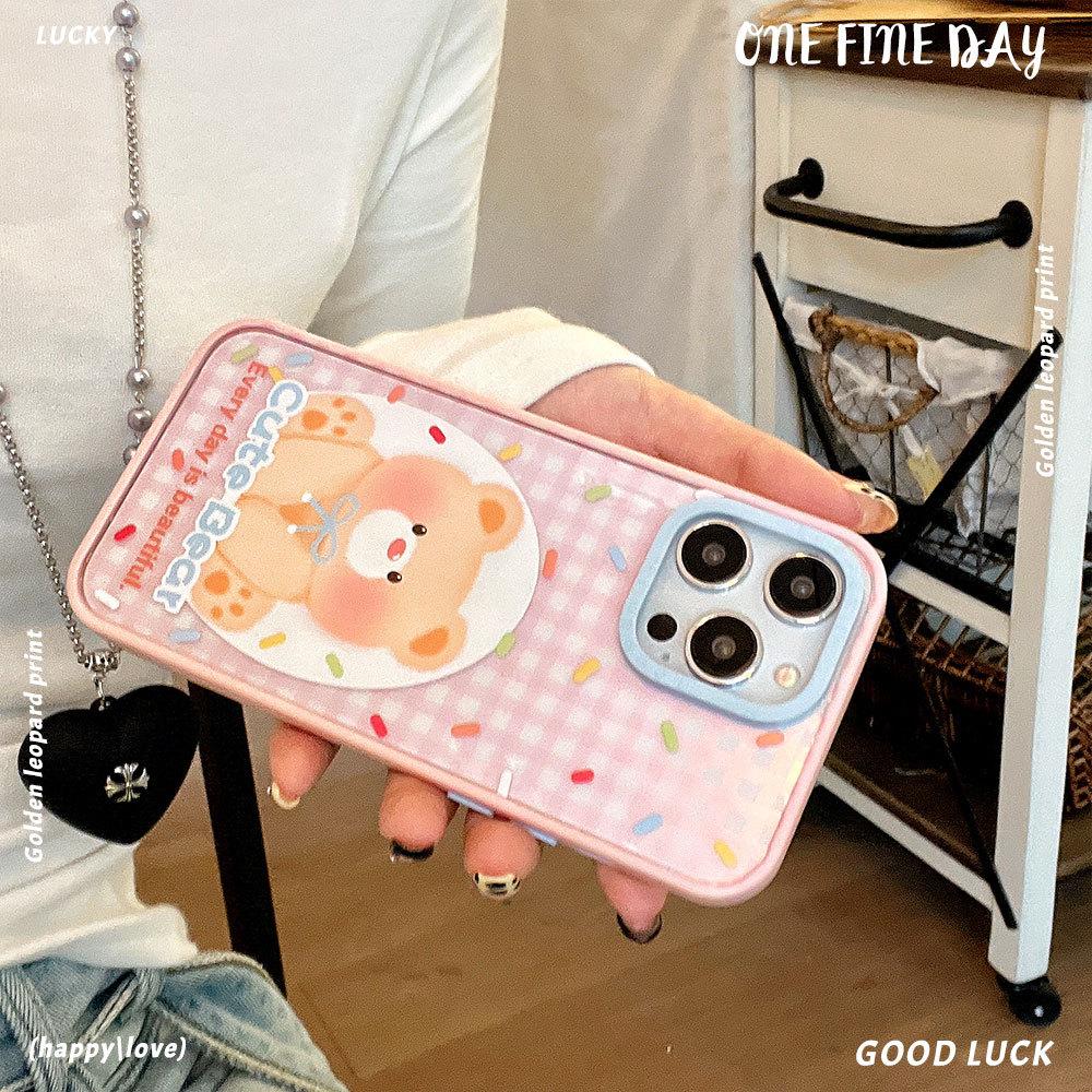 Checked Daidai Bear Contrasting Acrylic Phone Case Suitable for Apple 16promax Pink Apple 15 Protective Case 14