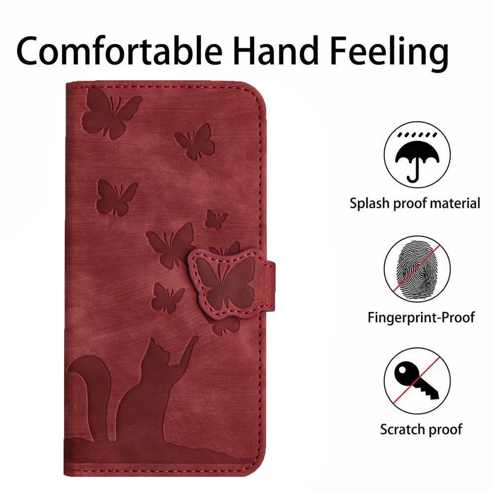 

For Google Pixel 8 Pro Leather Case WANLONFENG HDM Series Butterfly Cat Pattern Wallet Phone Cover Wine Red