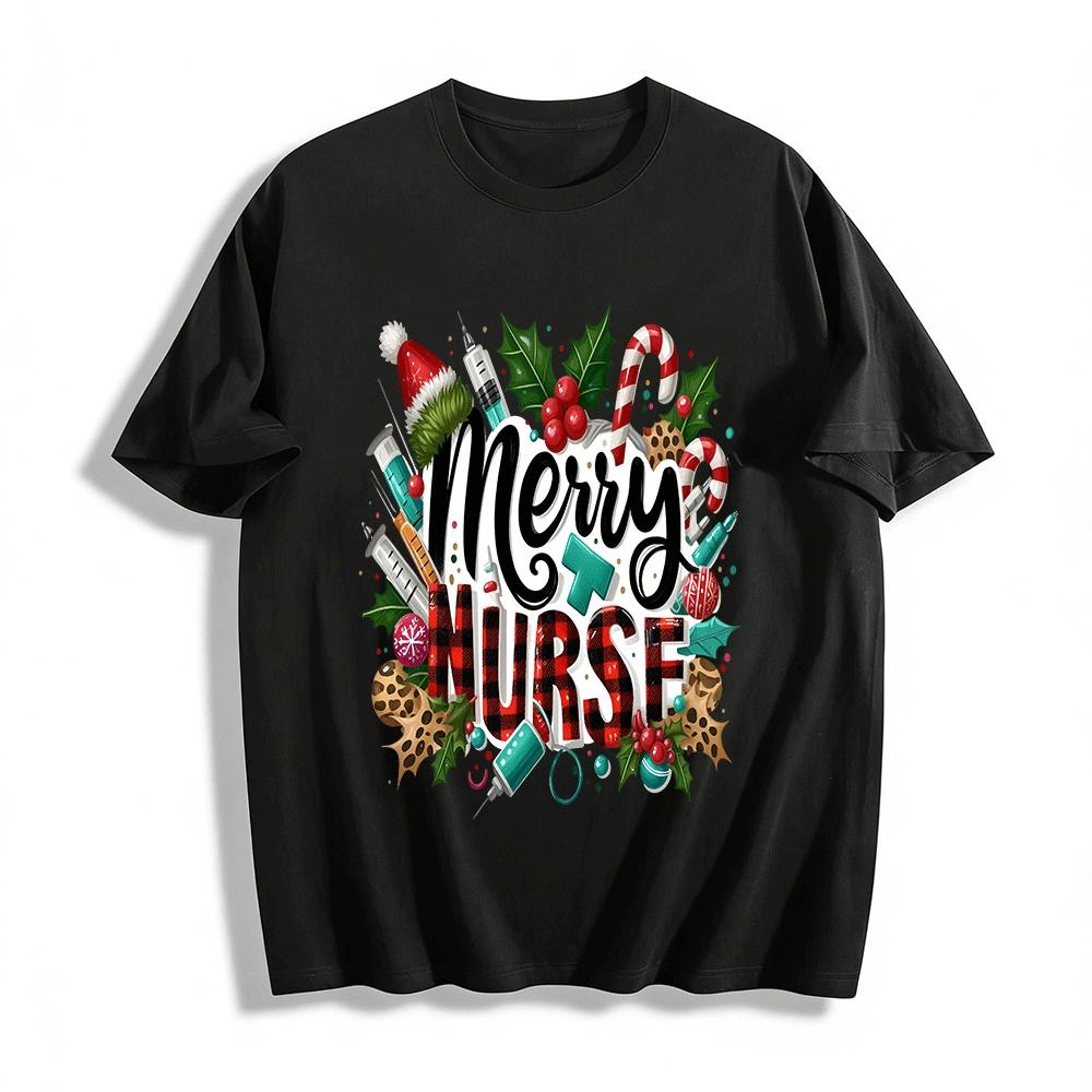 Christmas Nurse Themed Plaid Letter Print Casual Top Pure cotton T-shirt XXS