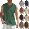 Men Sleeveless Lace Up Henley Neck Tank Top With Chest Pocket Multi Color Casual Linen Blend Shirt