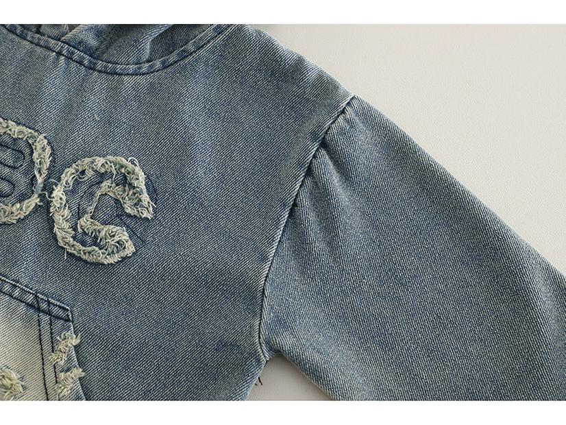 Chlapecká dvoudílná souprava s kapucí z džínové bavlny: Jarní/podzimní styl s potiskem písmen a velkými kapsami, dlouhé rukávy