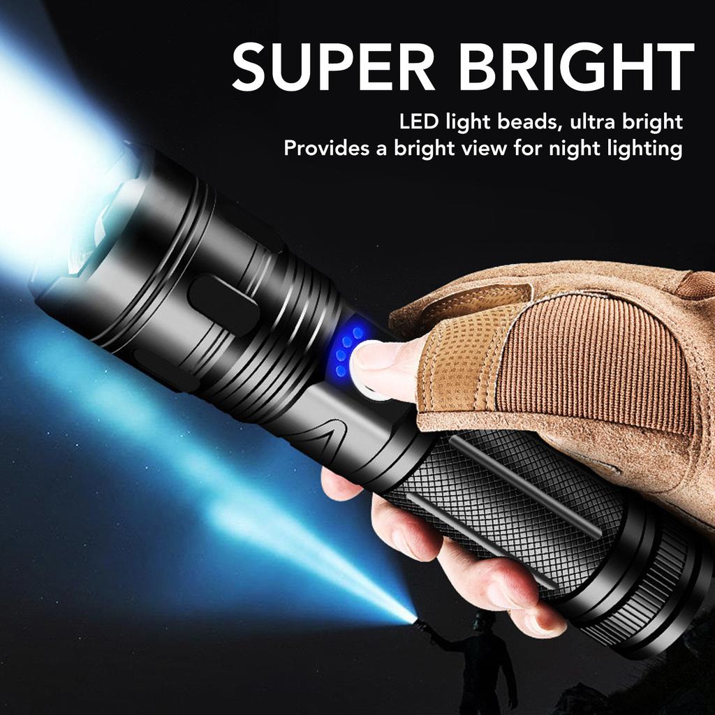 Einziehbare Taschenlampe Superhell Große Reichweite Batterieanzeige Aluminiumlegierung USB-Taschenlampe für Outdoor-Camping