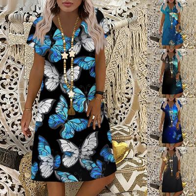 Ladies Casual Sexy Printing Fashion V-neck Short Sleeve Loose Long Dress