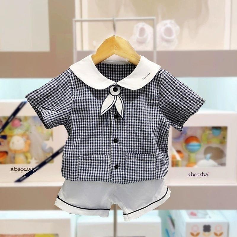 Очаровательный летний клетчатый комплект в корейском стиле с короткими рукавами для мальчиков и девочек Boy Checkered Set,130