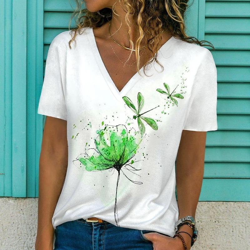 Plus Size 1XL-5XL Women's Summer V-neck Fashion Geometric Print T-shirt Women Casual Short Sleeved T-shirt