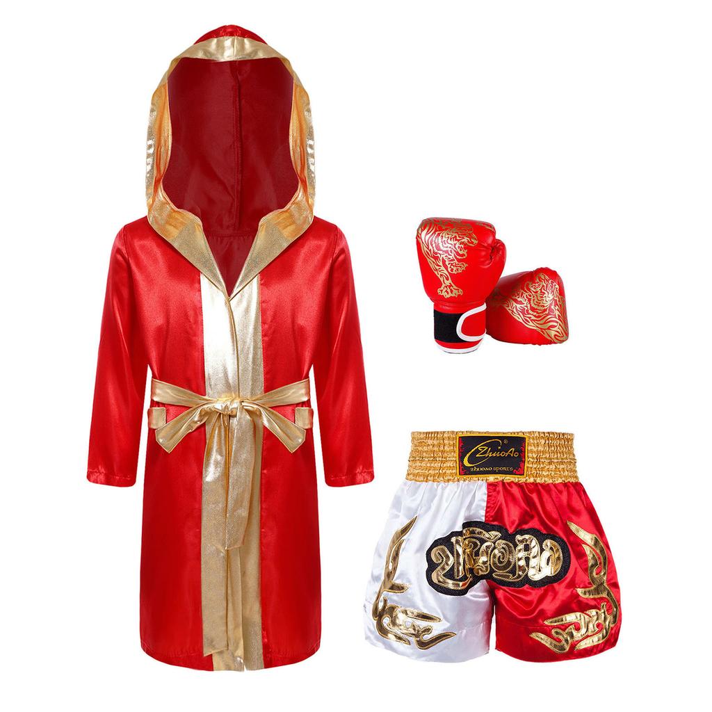 Jungen Kampf Nacht Cosplay Set: Boxer-Robe mit Kapuze, Elastische Shorts & Handschuhe Komplette Ausstattung für Party & Rollenspiel