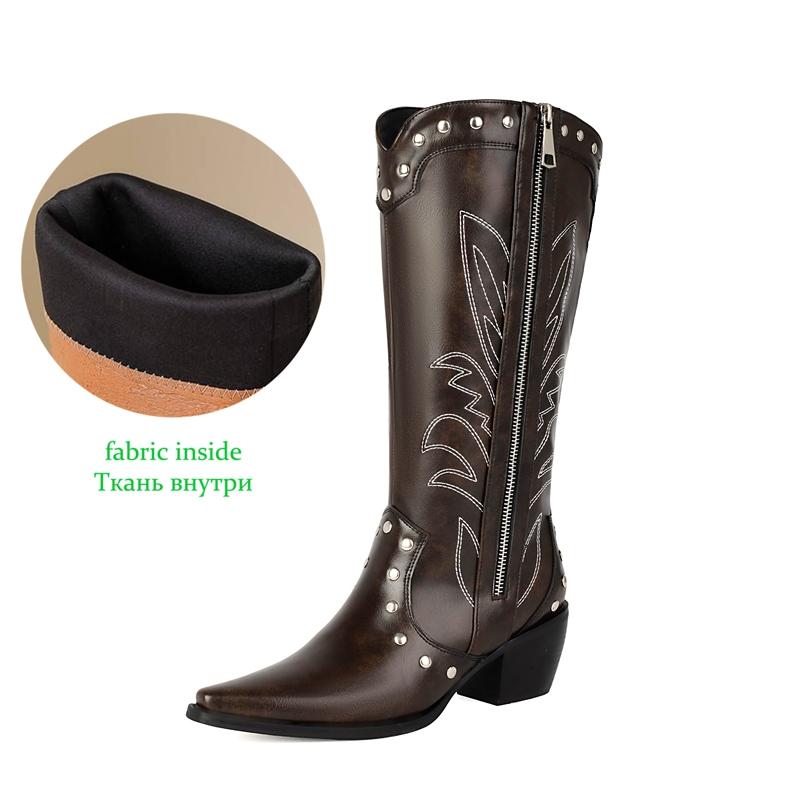 Krazing Po Microfiber Winter Pointed Toe Western Boots Size 43 Metal Rivets Embroidery Thick Heels Mid-calf Boots