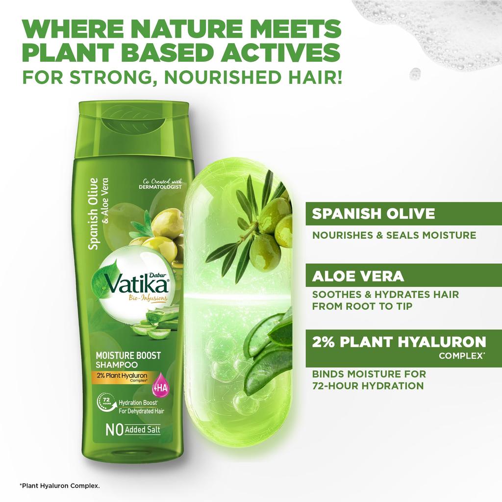 Dabur Vatika Bio-Infusions Moisture Boost Shampoo | Spanish Olive & Aloe Vera | 2% Plant Hyaluron + Hyaluronic Acid | 72 Hrs Hydration Boost | Deep
