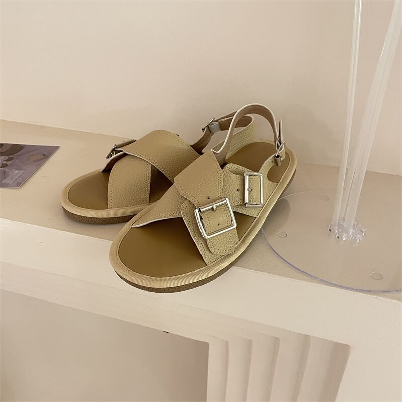 

Fashion Double Buckle Slingback Sandals Women Thick Sole Cross Strap Flat Sandalias Ladies Casual Open Toe Summer Shoes 40 хаки