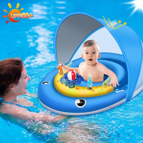 Baby Pool Float with Canopy UPF50+ Sun Protection, 6-24 Months Inflatable Infant Swimming Ring, Bath Floatie, Swimming Pool Accessories, and Toy Play