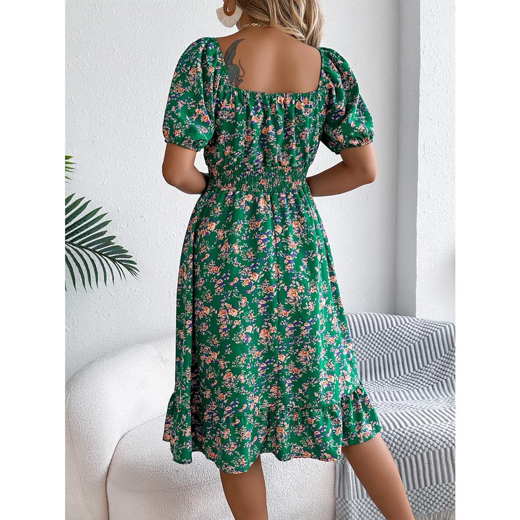 QICED Spring Summer Floral-patterned Square-neck Short-sleeved, Waist-cinched, Ruffled A-line Skirt Women's Clothing