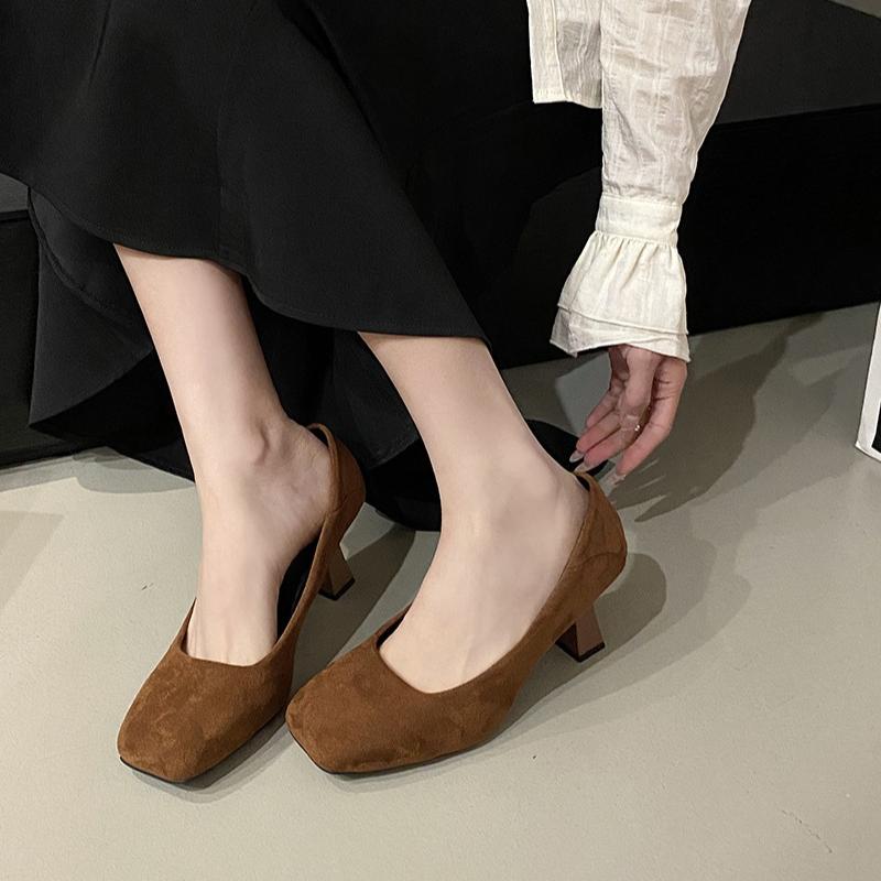 New Concise Solid Cow Suede Square-Toes High Heels Woman Pumps Customized Style Shallow Chunky Heels Slip-on Zapatos Mujer 35-40