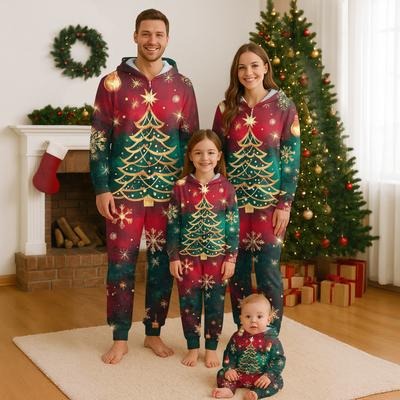 Christmas Print Family Matching Hooded Long Sleeved Zippered Jumpsuit Set