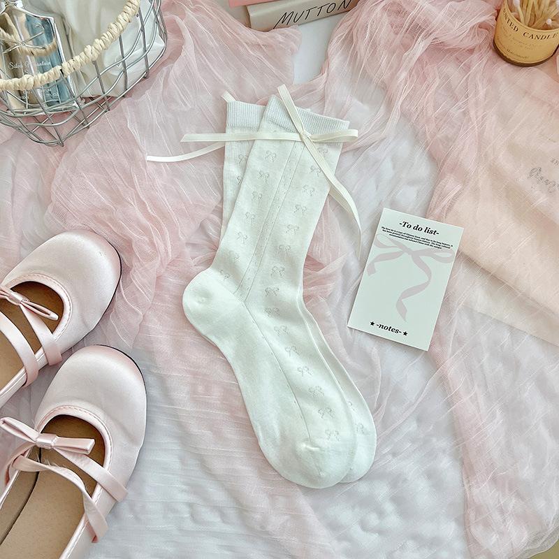 

Female Summer Thin Sweet Ribbon Bow Mesh Boneless White Medium Tube Stack Socks 1 pair