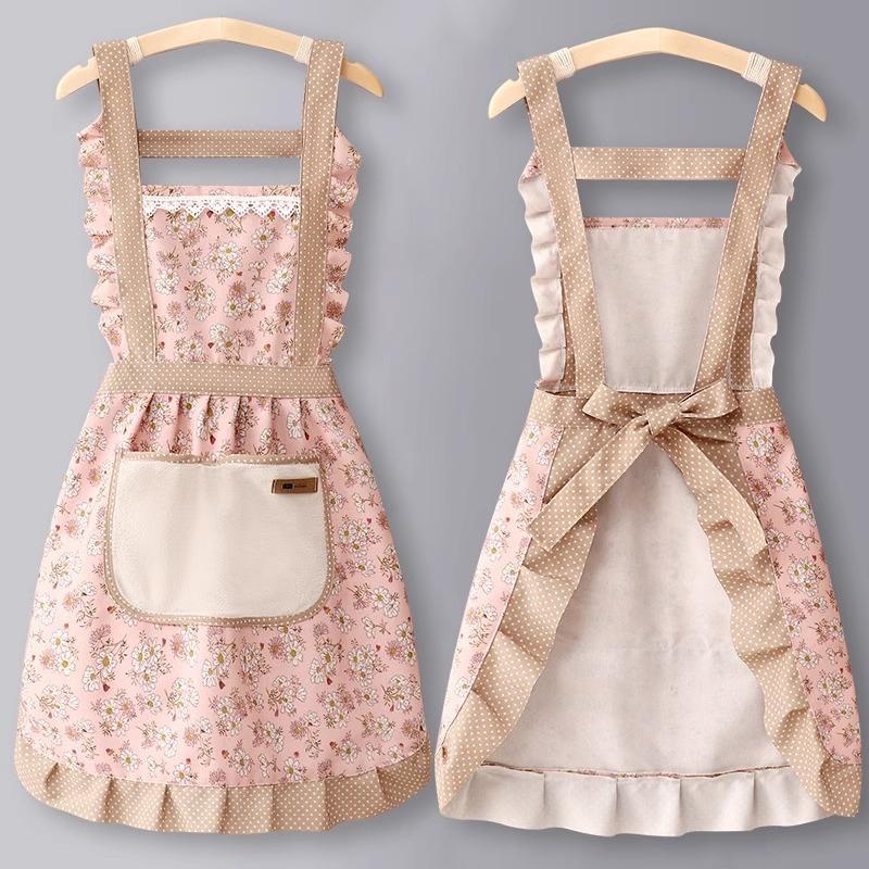 Canvas Household New Erasable Apron, Kitchen Shoulder Strap Anti Fouling Breathable Princess Skirt, Cooking Waist Work Clothes.