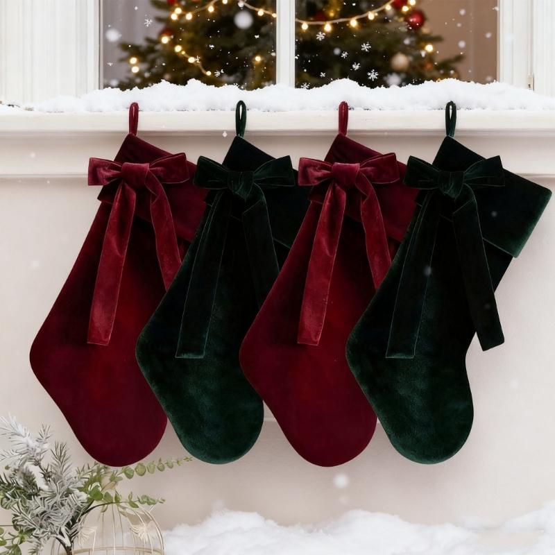 20 Inch  Christmas Stocking with Large Decorative Bow Luxury  Stocking for Firepitscreen Mantel, Elegant Holiday Decor