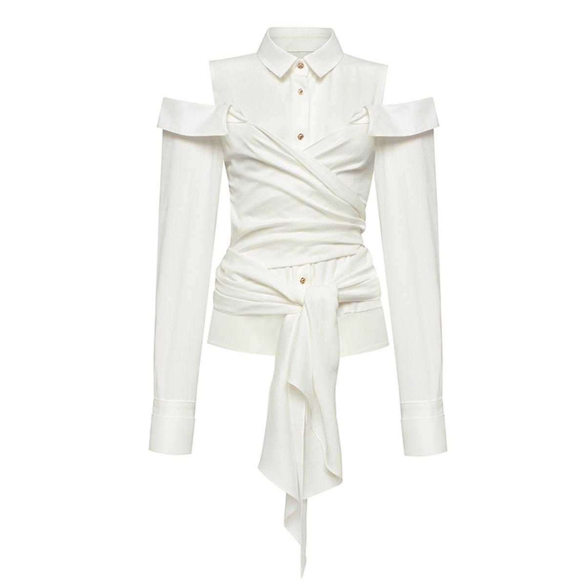 

Весна 2025 Женская блузка с открытыми плечами и завязками: Европейский и американский стиль, длинный рукав, универсальный французский ретро-топ Medium белый