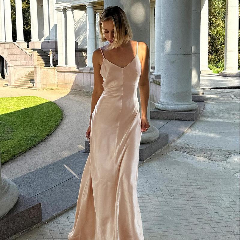 Fall Long Dress Women's Socialite Style Sexy V-neck Backless Satin Halter Dress