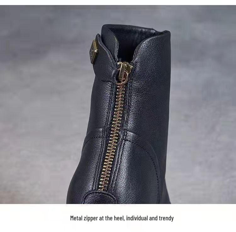 2025 Women's Winter Martin Boots: Fleece-lined Warm Flat-bottom Soft Leather, Trendy and Versatile Mid-calf Ankle Boots