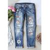 Women's Mid Rise Straight Leg Distressed Jeans Loose Fit Commuter Denim Pants Floral Patch Print Micro Stretch Vintage Washed Long Trousers For Autumn