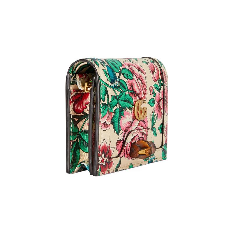 Gucci Diana Bamboo Double G Logo Floral Print Leather Card Holder Women's White/Multicolor