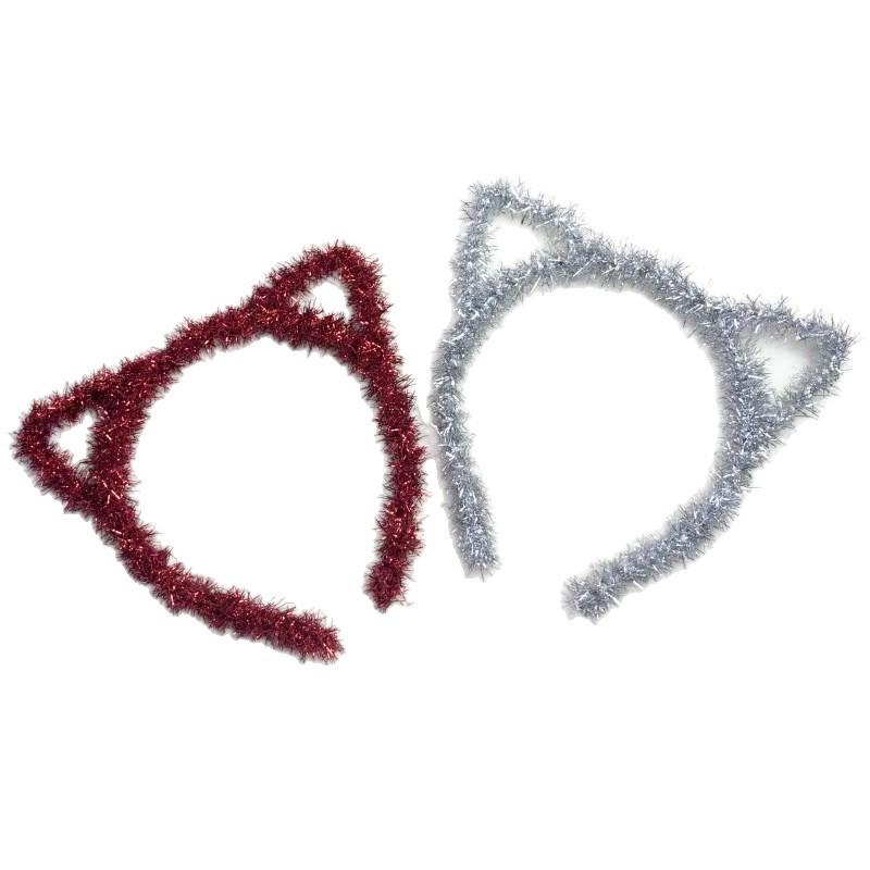 Goldenes Frühlingszwiebel-Seiden-Katzen- & Hasenohren-Stirnband mit silbernem Band - Weihnachtsgeschenk für Kinder Haaraccessoire