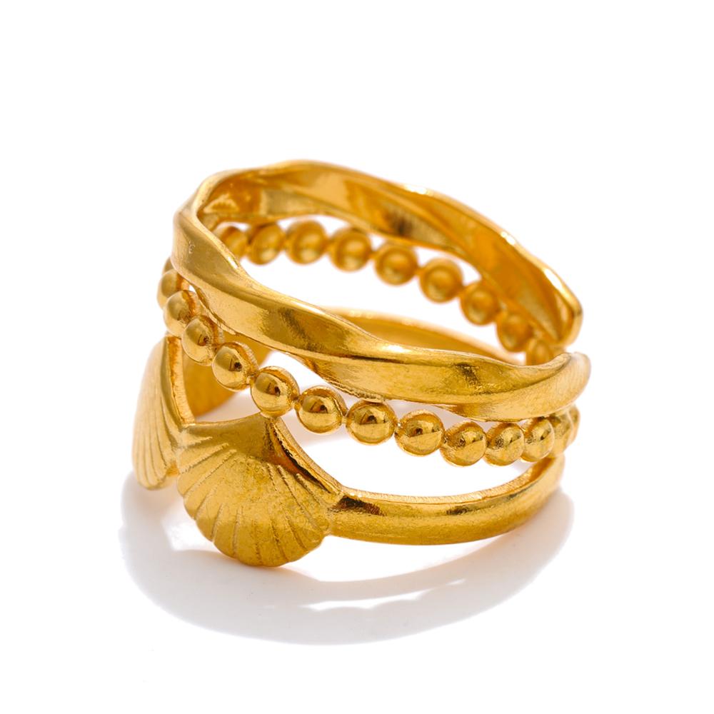 

Yhpup Summer Style Metal Shell Layered Open Ring Fashion Stainless Steel Distinctive Golden 18K PVD Plated Finger Jewelry Gift resizable
