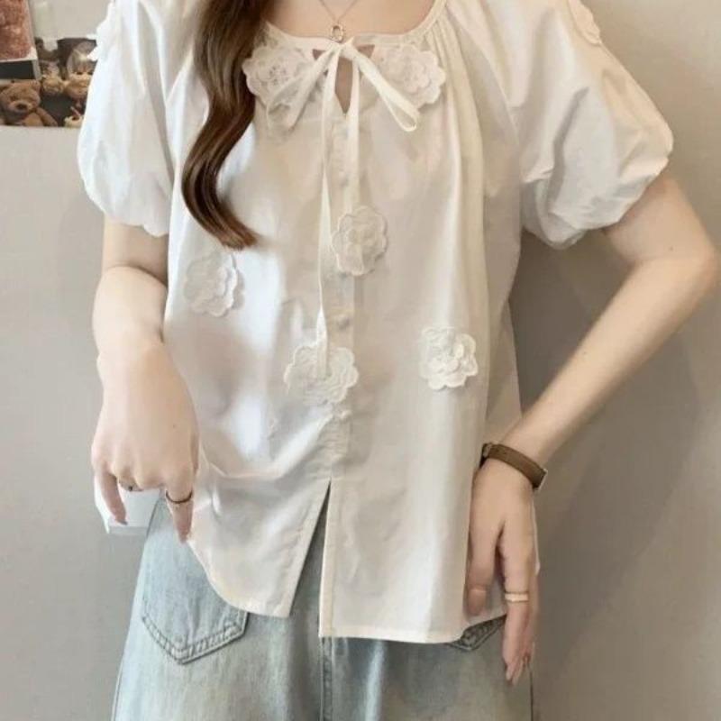 

Women s Short Sleeved T-shirt Three-dimensional Flower Decoration Tops Korean Style Simple Round Neck Lady Clothing XL білий