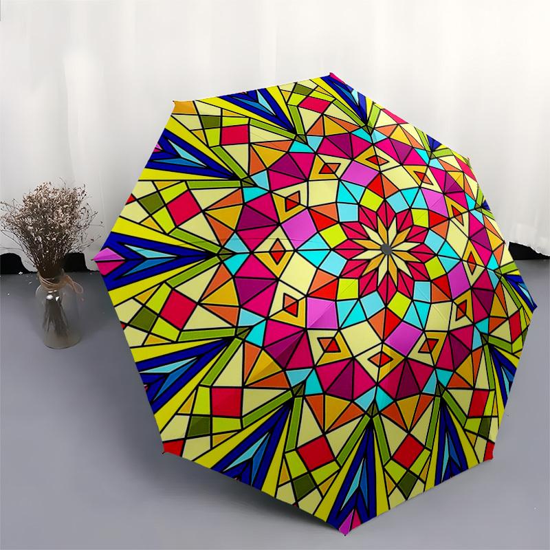 1pc Colorful Kaleidoscope Auto-Folding Umbrella with 3-Fold Design, Iron Frame, Outdoor Use, Festival Gift, Suitable for Fans, Travelers, Daily Use, P