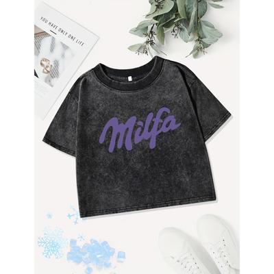 Camisetas Cortas de Algodón de Verano para Mujer Milfa Estampados de Letras Camisetas Lavadas Desgastadas Corte Regular Cuello Redondo Ropa Streetwear