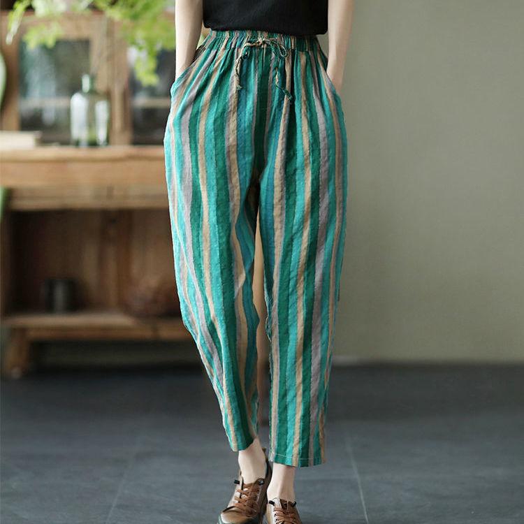 

Новые летние брюки-шаровары Wiomen Vintage Striped Print из хлопка и льна длиной до щиколотки, женские повседневные свободные брюки с эластичной резинкой на талии и карманами M зелёный
