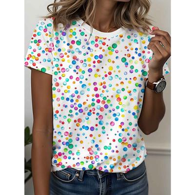 Women'S Clothing, 1pc Round Neck Short Sleeve Printed T-Shirt, Fashionable Trendy Irregular Multicolor Polka Dot Ball Print Pattern