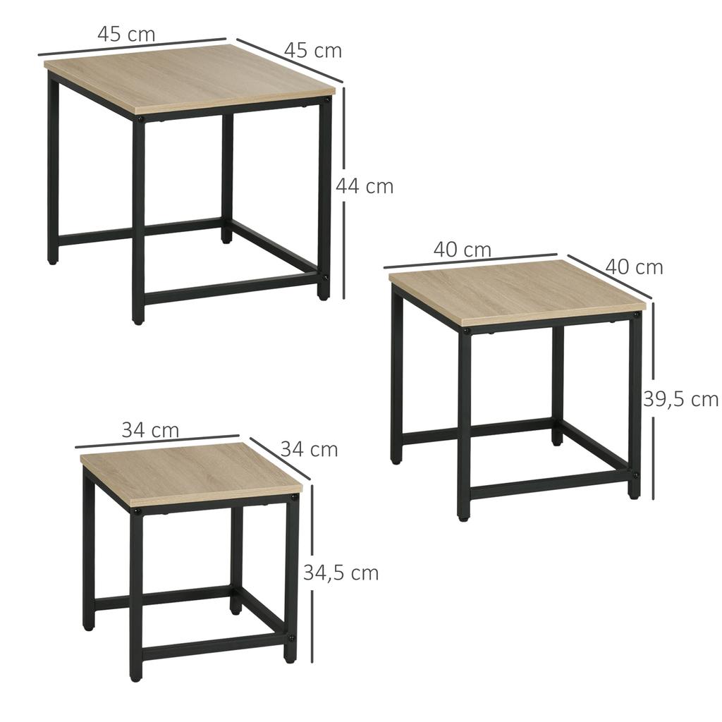 Set Of 3 Side Tables Industrial Design Black Steel Frame Wood Grain Tabletop