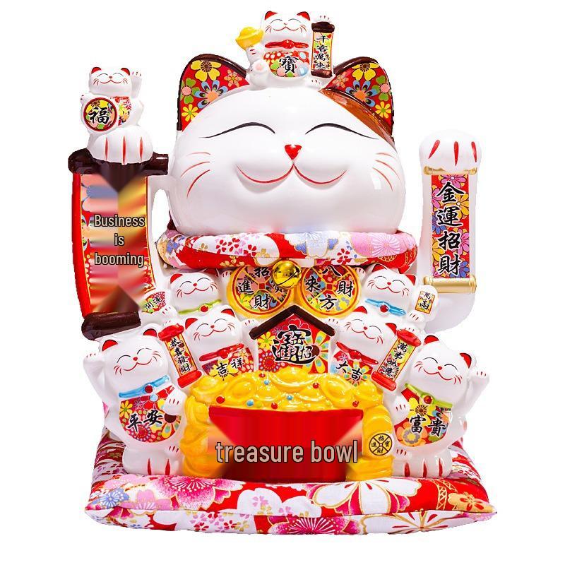 Medium Ceramic Lucky Cat Figurine with Electric Waving Paw - Prosperity Charm for Shops and Gifts