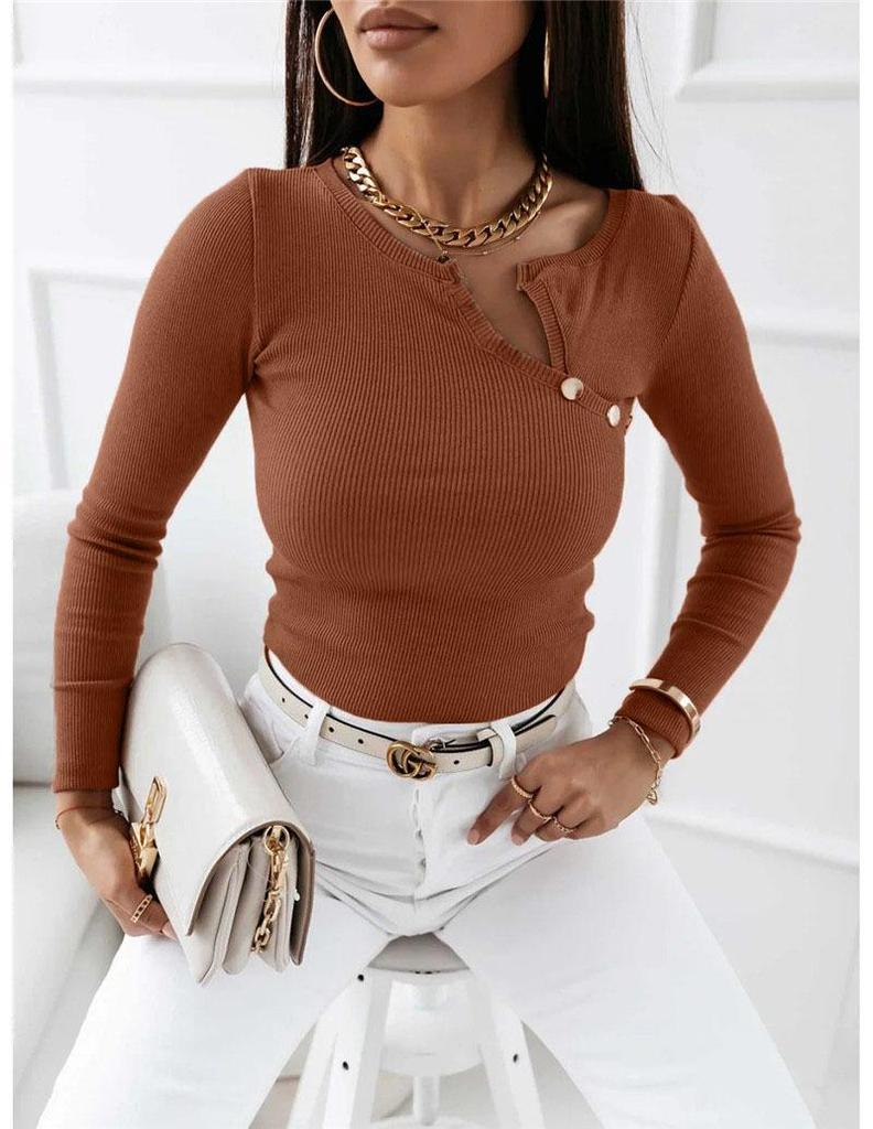 2024 Simple Ribbed V-Neck Long Sleeve Button Women's Top for Autumn/Winter