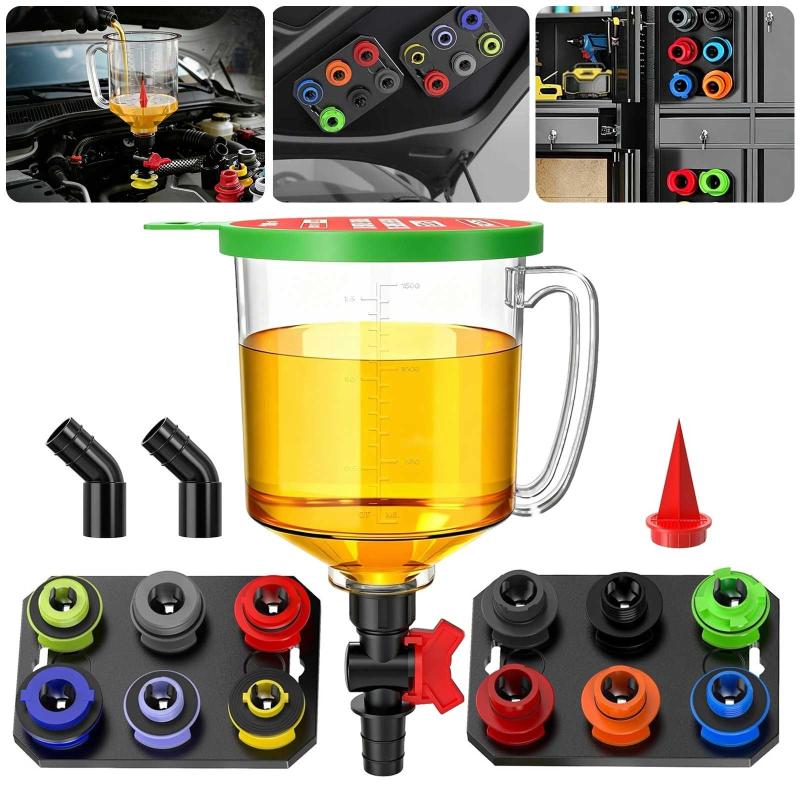 18-in-1 Spill-Proof Universal Auto Engine Oil Funnel Kit 12 Adapters Included for Most Vehicles Garage Use